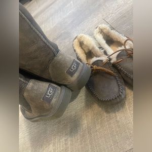 Ugg boots and pair of moccasins. Size 6 gray.